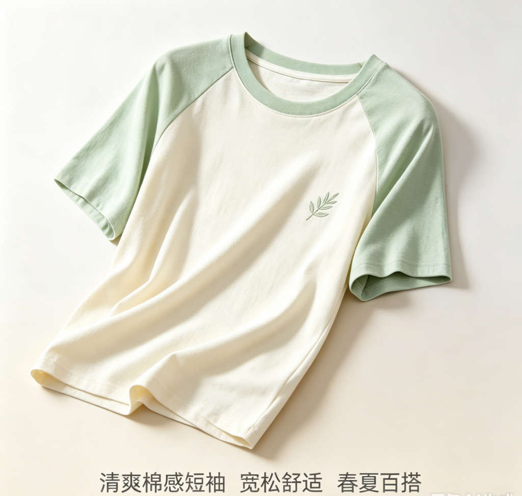 奶油白拼浅薄荷绿短袖