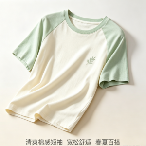 奶油白拼浅薄荷绿短袖